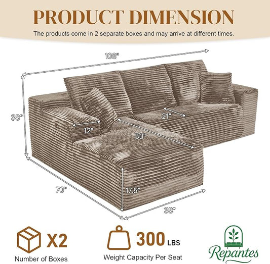 108" L Shaped Boneless Sectional Couches for Living Room, Comfy Corduroy Floor Cloud Sofa with Chaise, Wide Armrest, Deep Seat, Memory Foam, Assembly Free, Ideal for Small Spaces, Brown