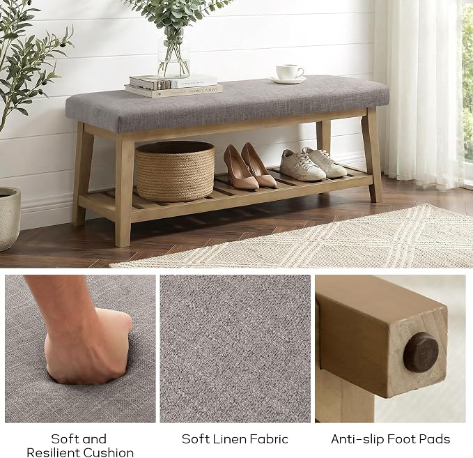 Entryway Bench with Cushion, Upholstered Shoe Rack Bench with Solid Wood Shelf, 44" End of Bed Bench for Bedroom, Chenille Fabric Storage Bench for Entryway, Hallway, Living Room (Grey)