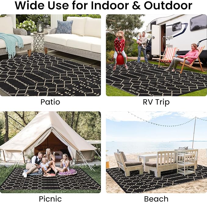 Smiry Outdoor Rug 9x12 ft, Waterproof Reversible Plastic Straw Rugs, Boho Outdoor Area Rug, Outside Floor Mat for Patio, Backyard, Deck, Picnic, Beach, Camping, Beige