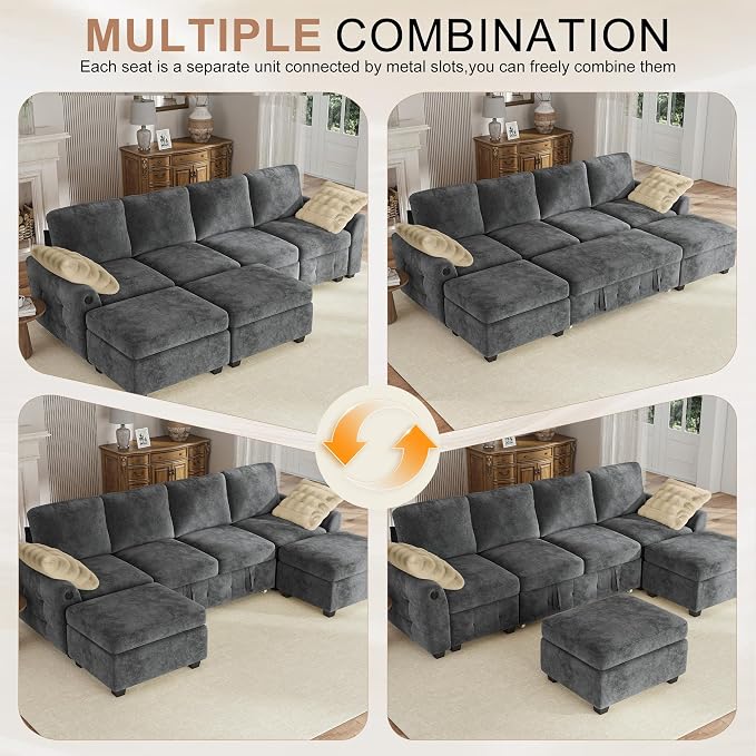 Hanherry 104" Sectional Couch with Pull Out Sofa Bed,Chenille Sleeper Sofa with Storage Ottoman & USB Charging,Comfy U Shaped Modular Couches for Living Room,Apartment