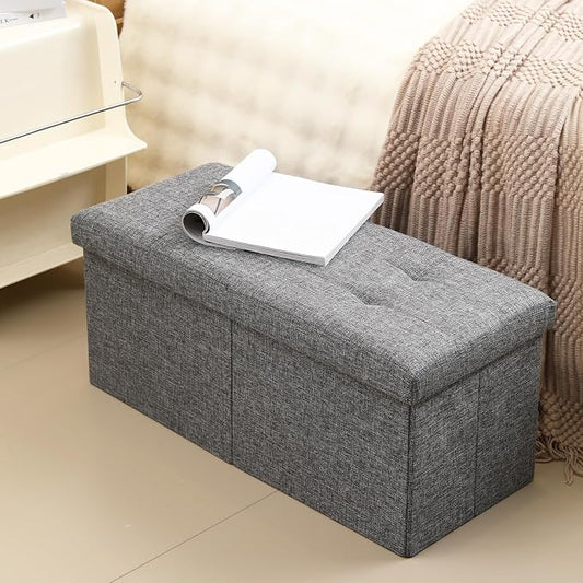 Storage Ottoman Bench Foldable Seat Footrest Shoe Bench End of Bed Storage with Flipping Lid, 75L Storage Space, 30 inches Linen Fabric Dark Grey