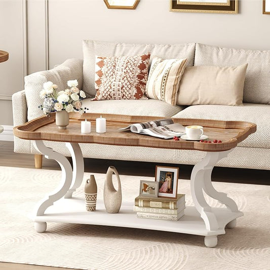 Function Home Farmhouse Coffee Table, 2-Tier Center Table with Storage Shelf, 39.8" French Country Rectangle Accent Table with Natural Tray Top and Curved Legs for Living Room Balcony, Vintage White