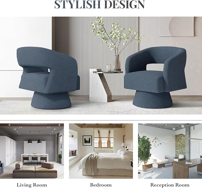 Swivel Barrel Accent Chair,Oversized Teddy Upholstered Round Swivel Chair,Modern Luxury 360 Degree Living Room Vanity Chair for Bedroom Office,Blue