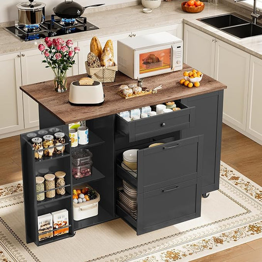 CHOEZON Kitchen Island with Trash Can Cabinet, Drop-Leaf Tabletop & 6 Wheels, 51.2-Inch Rolling Kitchen Cart with Fridge Shelf, Drawers & Adjustable Shelves, Farmhouse Style, Black and Walnut MZD07BL