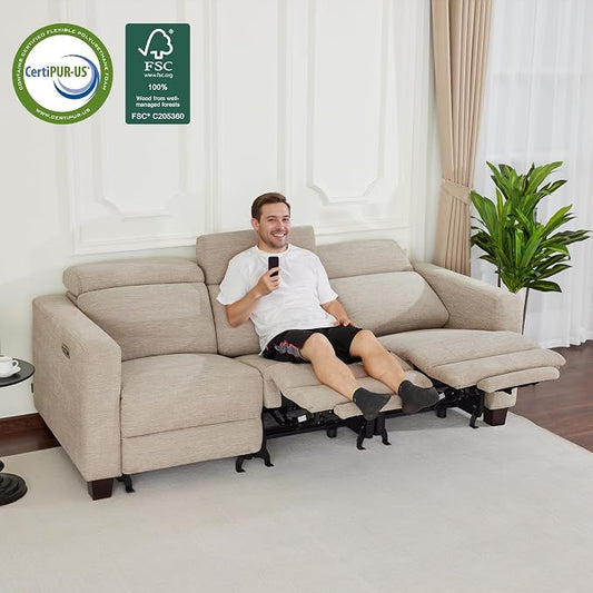 MCombo 88.6'' Reclining Sofa, Wall Hugger Power Recliner Sofa with Adjustable Headrest, USB A & C Charge Ports, Wood Legs, for Living Room (Fabric, HL198M3) (Beige, 3-Seater)