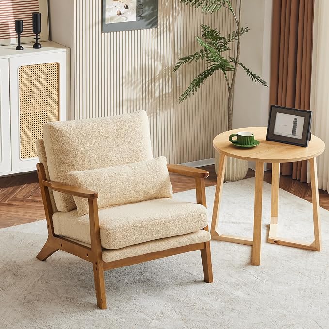 VINGLI Solid Wood Wide Armrests Accent Chair Set of 2,Upholstered Mid Century Modern Chair with Pillow,Farmhouse Arm Chair Comfy Reading Chair,Chairs Living Room,Bedroom,Guest Room,Teddy Fleece,Khaki