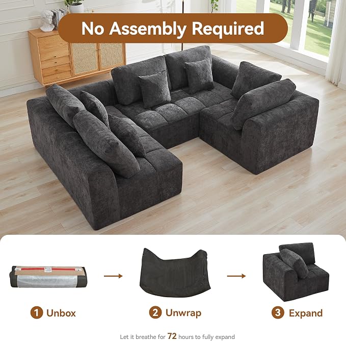 110''Modular Sectional Couches for Living Room, Cloud Boneless Compressed Sectional Sofa, Oversized U Shaped 5 Seater Upholstered Memory Foam Sofa, No Assembly, Chenille Grey
