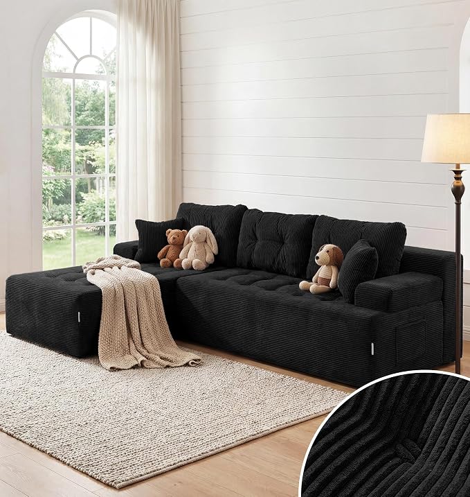 Hobestluk Modular Sectional Sofa Couches L-Shape Couch 3 Seat Modular Sofa Memory Foam Sectional Couches for Living Room, Cloud Couch with Oversized Chaise (Ebony Corduroy, 96", Left Hand Facing)
