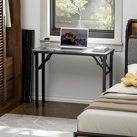 TEMI Small Computer Desk Folding Table - 35.8" Foldable Office Desk, No Assembly, Perfect for Small Spaces in Bedroom, or Apartment, Portable Mini Desk or Study Table Compact Design, Marble Greige