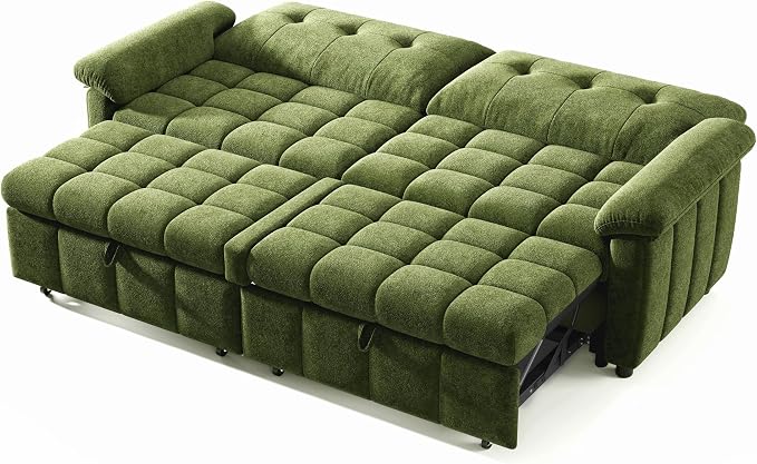 Jocisland 93” 4-in-1 Convertible Sofa Bed, Full Size Cloud Sleeper Sofa, Tufted Chenille, 5-Position Adjustable Backrest, 10-Minute Tool-Free Assembly, Couches for Living Room Guest Room, Green