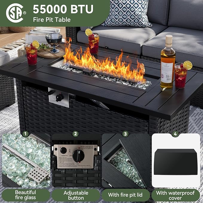 Aoxun 15 Piece Patio Furniture Set with 44” Fire Pit Table Rattan Patio Sectional Sofa Set Outdoor Seating Furniture with Thickened Cushion, Grey