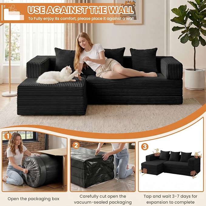 79" Modular Sectional Sofa, Boneless Convertible Sleeper Sofa Bed, Modern Tri-Folding Cloud Couch with L-Shape Chaise, Corduroy Futon for Living Room Small Spaces Apartment, No Assembly