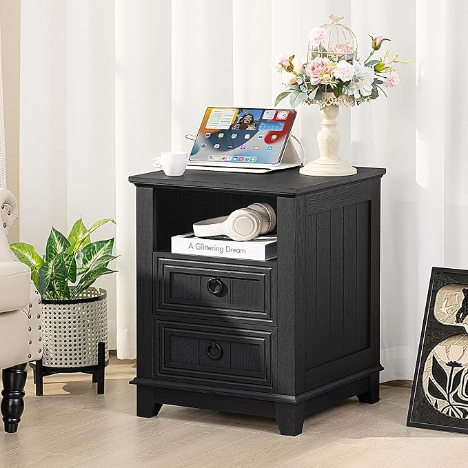 Joaxswe 18" Night Stands Set of 2 with Charging Station, Farmhouse 2 Drawers End Table Dresser for Bedroom, Black Wooden Nightstand, Bed Side Table with Open Shelf, Bedside Cabinet for Living Room
