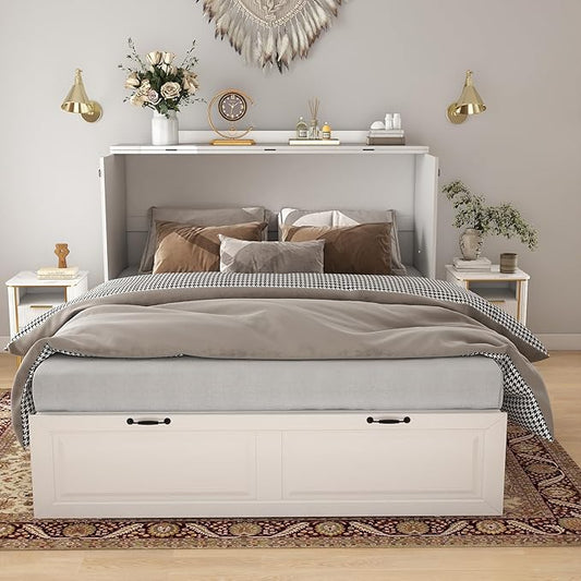 Murphy Bed Full Size: White 2 in 1 Murphy Bed Cabinet with Drawer, Wood Cabinet Bed with Charging Station, Modern Hidden Beds for Small Spaces