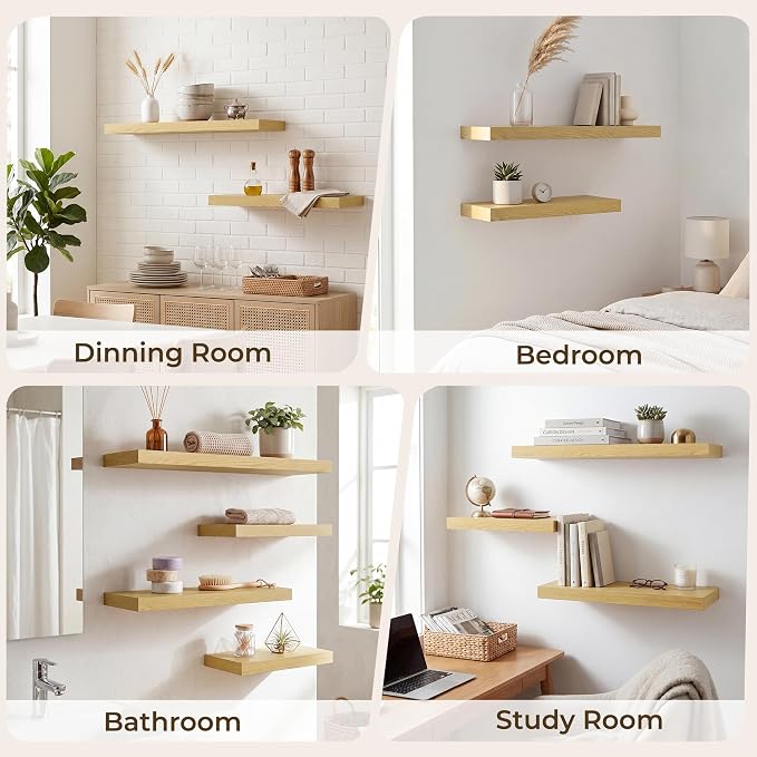 RICHFOCUS 20Inch Floating Shelves for Wall 2 Pack Shelves for Plant|Bedroom|Kitchen|Bathroom Rustic Wood Wall Mounted Shelf with Invisible Brackets for Books|Storage|Decor, Rustic White