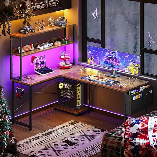 ODK 53 Inch L Shaped Desk with LED Lighting, Reversible Gaming Desk with Power Outlets, Cornor Computer Table with Storage Shelves & Bag & Iron Hook, Home Office Table for Writing, Study, Vintage