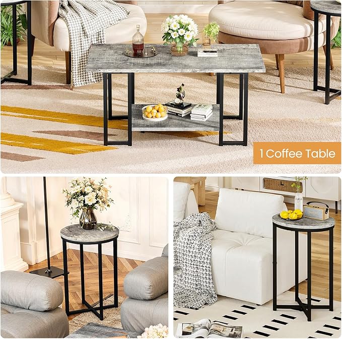 Lamerge 3 Pieces Living Room Table Set, Faux Marble Coffee Table with 2 Round End Side Tables, Coffee Table Set with Metal Frame for Apartment Home Office, Grey&Black