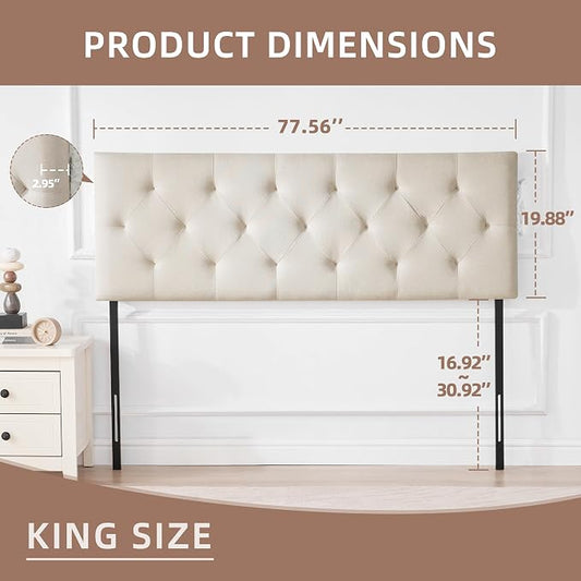 Linen Headboard King Size, Adjustable Height Headboard 37-51 in, Beige | Diamond Tufting Solid Wood King Headboards, Durable Metal Legs, Upholstered King Head Board for Bed Frame, Modern Fabric