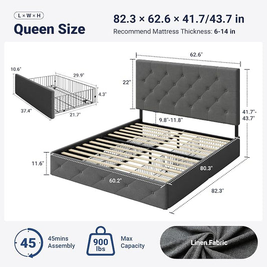 Allewie Upholstered Queen Size Platform Bed Frame with 4 Storage Drawers and Headboard, Diamond Stitched Button Tufted Mattress Foundation with Wooden Slats Support, Light Grey
