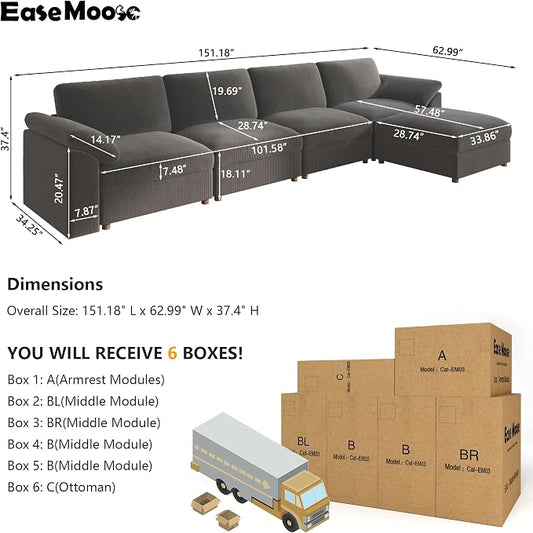 EASE MOOSE Oversized Sectional Modular Sofa,Extra Large L Shaped Couch Wide Deep Seat, Modern Comfy Modular Cloud Couch for Living Room,Removable and Washable