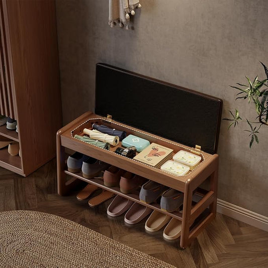AQIMUELE Shoe Rack Bench,2 Tiers Shoe Bench with Storage with Flip-Top,Wood Shoe Rack for Entryway,Hallway(Dark Walnut Upholstered Seat,11.8" D x 31.5" W x 15.7" H)