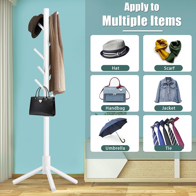 Haddockway Wooden Coat Rack Stand with 8 Hooks New Zealand Pine 3 Adjustable Coat Standing Tree Easy Assembly for Coats, Hats, Scarves and Handbags for Entryway, Hallway, Bedroom, Office,2 PCS