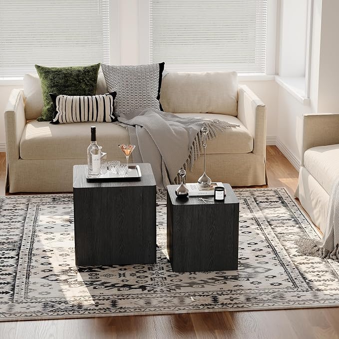 Nesting Coffee Table Set of 2, Modern Coffee Table and End Table Sets, Small Wooden Nesting Side Tables for Living Room Bedroom Apartment(Black)