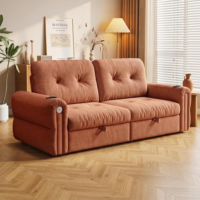 Convertible Couches, Queen Size Pull Out Sofa Bed with USB Charging Port and Cup Holders, Chenille Fabric Convertible Sofa Bed for Small Space, Living Room, Apartment, Guest Room, Orange