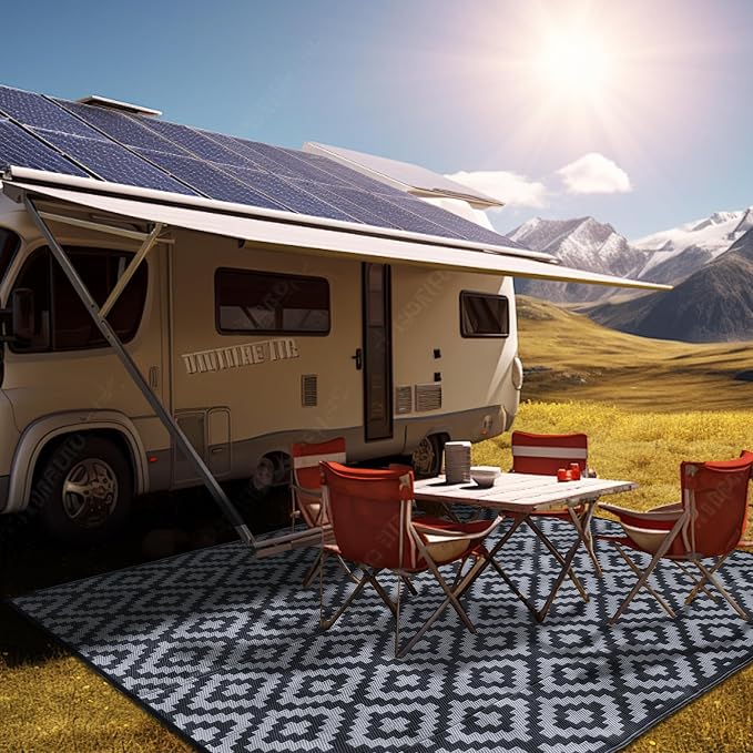 SAND MINE Waterproof Outdoor Rug 8x10 ft, Plastic Reversible Rug, Modern Area Rug, Large Floor Mat for Outdoors, RV, Patio, Backyard, Deck, Picnic, Beach, Camping (8' x 10', Black Grey Lattice)