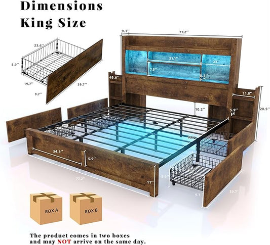 LUXOAK King Bed Frame with 49.6" Bookcase Headboard & 2 Bedside Stoage Racks & 4 Drawers, Farmhouse Wood Bed Frame with RGB LED & Charging Station, No Box Spring Needed, Rustic Brown