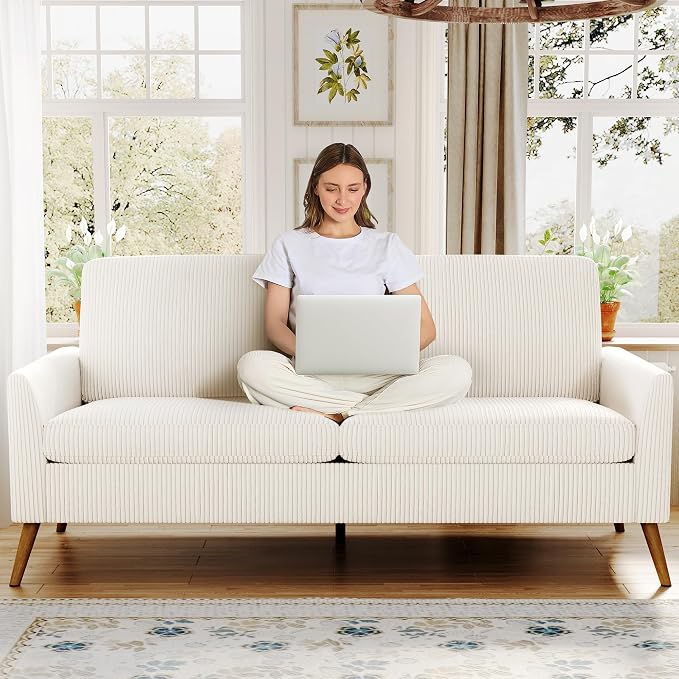 68" Loveseat Sofa, Comfy White Corduroy Couches for Living Room, Mid Century Modern Love Seat Sofa, Tool-Free Setup Small Couches for Bedroom Office