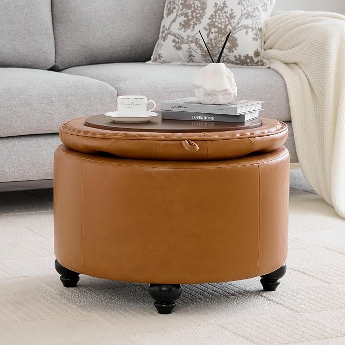 WUTUTUEE 24Inch Round Storage Ottoman with Tray, Modern Tufted Leather Circle Coffee Table with Storage, Upholstered Ottoman with Removable Top for Living Room, Bedroom, Leather Brown