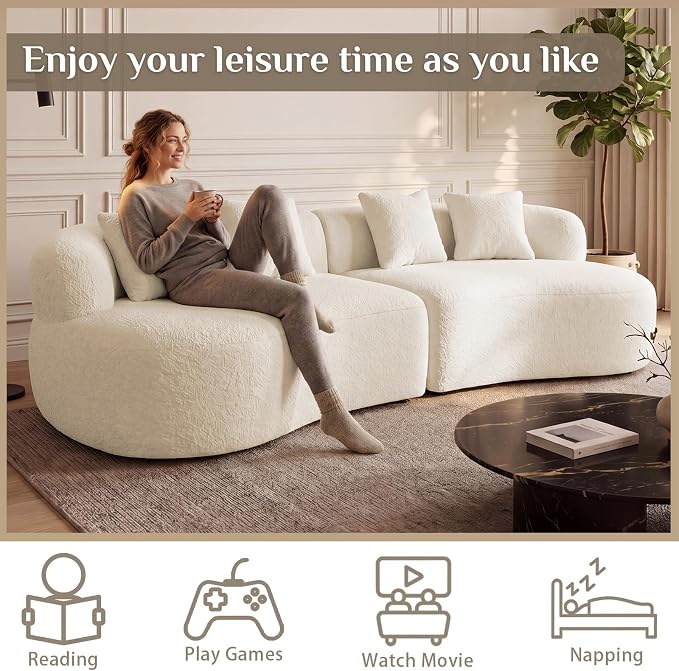 113" Curved Sectional Sofa Modern Cream Cloud Couch Modular Sectional Couches for Living Room Boneless Cloud Sofa Boucle Loveseat Comfy Chenille Deep Seat with 4 Pillows, Cream White