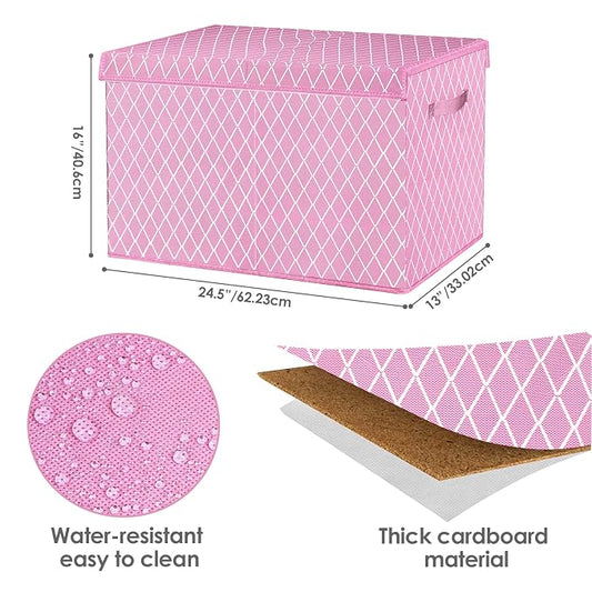 Toy Box Chest Organizer Bins for Girls Boys, Kids Large Fabric Collapsible Storage Basket Container with Flip-Top Lid & Handles for Clothes,Blanket,Nursery,Playroom,Bedroom (Pink)