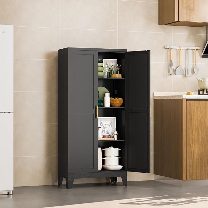 Black Metal Storage Cabinet, 48" Steel Cabinets for Home Office | Kitchen Pantry Storage Cabinet with Doors and 3 Adjustable Shelves, for Office, Home, Garage, School