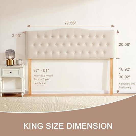 Tufted Headboard King Size, Solid Wood Adjustable Height Head Board, Beige | Upholstered King Headboard Only with Durable Solid Wood Legs, Adjustable Height 37-51 in, Fabric Button Diamond HeadBoards