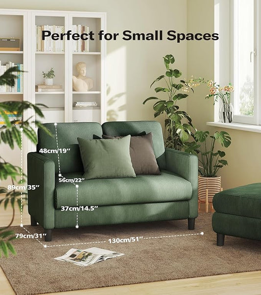 Welzona Loveseat Sofa, 51" Love Seat, Comfy Corduroy Small Loveseat for Small Spaces, Tool-Free Setup Couch for Bedroom, All-Wood Couches for Living Room, Green