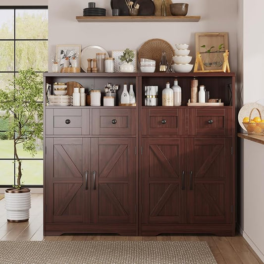 Befrases Set of 2 Dark Brown Storage Cabinet with Drawers and Shelves, Standing Kitchen Pantry Cabinet, Floor Storage Cabinet Hutch Cupboard, Coffee Bar Station for Dining Living Room Home Office