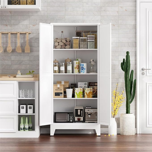 Kitchen Pantry Cabinet with Barn Doors,61" H x 27.5" W,Metal Farmhouse Storage Cabinet with Adjustable Shelves,4-Tier Storage Cabinet for Kitchen Dining Room Garage Office,White 1 Pack