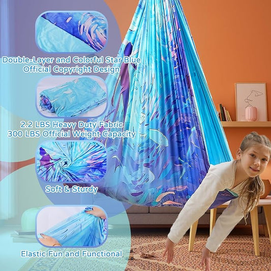 Sensory Swing for Kids and Adults Indoor & Outdoor Double Layer Therapy Cuddle Holds up to 300lbs Adjustable Hammock Chair with 360° Swivel Hanger Kit Effect for Aspergers Autism ADHD(Cerulean)