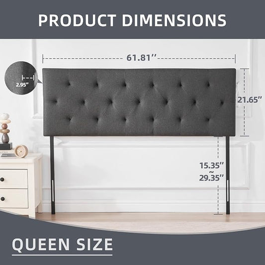 Linen Fabric Upholstered Headboard Queen Size, Modern Diamond Tufting Solid Wood Queen Headboard Only,Adjustable Height from 37” to 51” Head Board, Bed Frame or Wall Mount Headboards, Dark Grey
