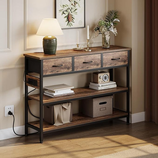 Lulive 2 Pack Entryway Table with Outlets, 3 Fabric Drawers, 43in | 43.3"W x 11.8"D entry table with 2 outlets, 2 USB ports, swappable plug side, adjustable feet and anti-tip kit.