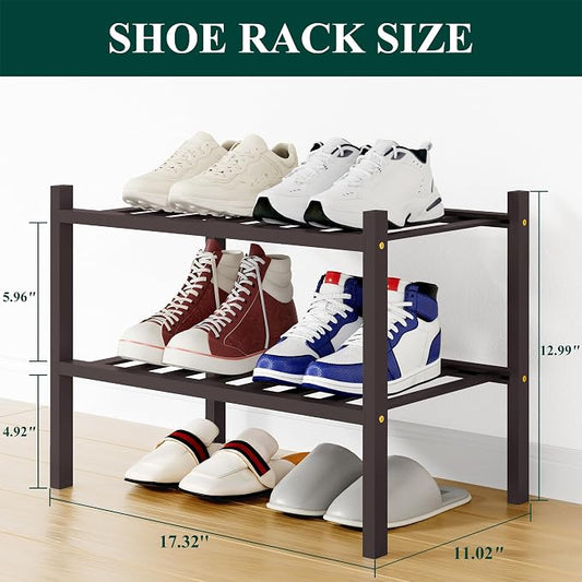 Smiry Small Bamboo Shoe Rack, 2 Tier Free Standing Wooden Shoe Organizer, Stackable Wood Shoe Storage Shelf for Closet, Entryway, 12 Vertical Slats, One-piece Standard Legs, 17.3"x11"x13", Brown