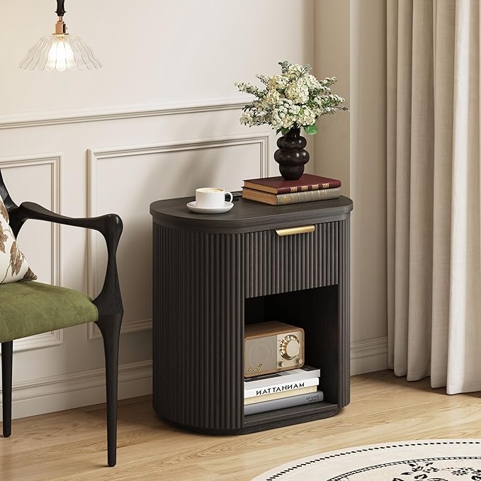 Fluted Nightstand with Charging Station, 23.6" Bedside Side Table with Drawer, Wood End Table with Storage, Curved Round Corner, Furniture Bedroom Sofa, Mid Century Modern, Vintage, Black,Set of 2