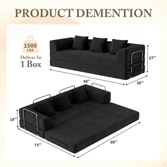 Living&Giving 89" Cloud Boneless Convertible Sofa Bed, 5-in-1 Foldable Compressed High-Density Sponge Sofa, Corduroy Fabric 3 Seater Sleeper Couch Futon Daybed for Living Room Bedroom (Black)