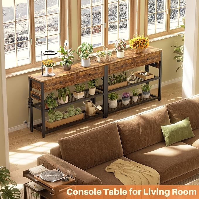 Ecoprsio Entryway Table with Outlets and USB Ports, Console Table with 2 Drawers, Small Sofa Table with Storage Shelves for Living Room, Couch, Hallway, Foyer, Kitchen Counter, 32'', Rustic