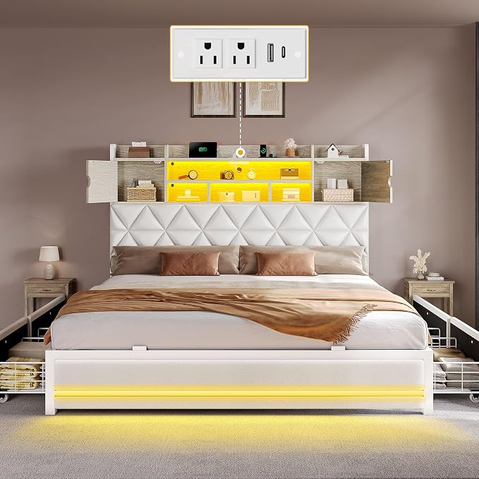 DWVO King Size Bed Frame with RGB LED Lights & Storage Bookcase Headboard, Upholstered Bed with Charging Station and 4 Drawers, No Box Spring Needed, Easy Assembly, Noise-Free, PU Leather White