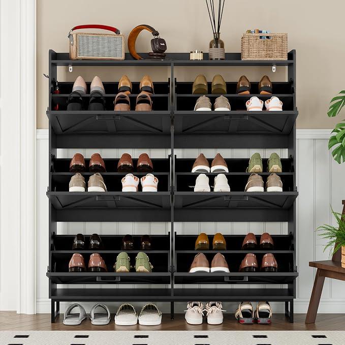 BORNOON Shoe Cabinet with 6 Flip Drawers Narrow Shoe Storage Cabinet Organizer Wooden Freestanding Shoe Rack Hidden Slim Shoes Storage Cabinet for Entryway, Hallway, Living Room, Bedroom