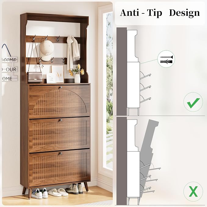 Fsbecl Shoe Cabinet for Entryway with 3 Flip Drawers & Coat Rack, Narrow Hidden Shoe Storage Cabinet with Fluted Panel, 2-in-1 Hall Tree Slim Freestanding Shoe Rack Organizer for Hallway, Walnut