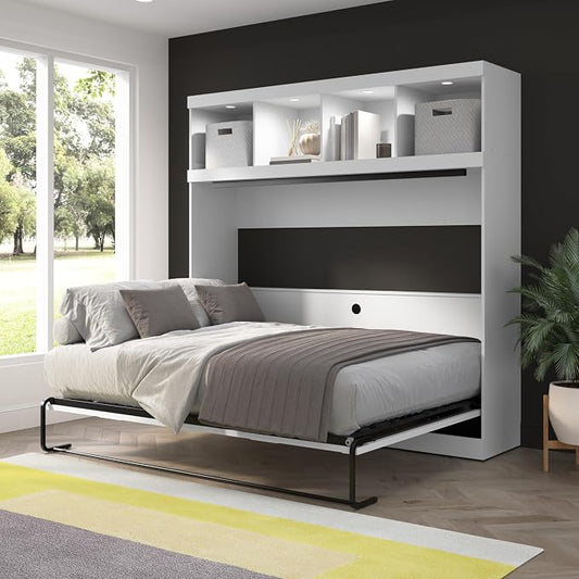 Bestar Queen Size Horizontal Murphy Bed with Storage and Charging Station, 80-inch, for Bedroom or Guestroom, Pur Collection, Modern, White